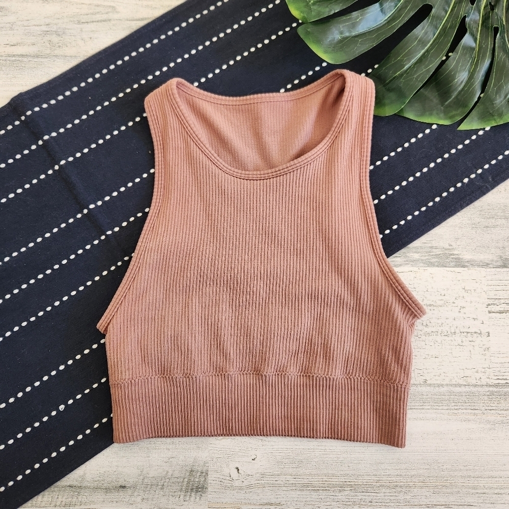 Skims High Neck Stretch Rib Bralette Top Rose Clay Size S/M
